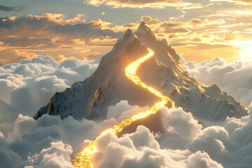 Majestic Golden Pathway Winding Through Ethereal Clouds Towards Shimmering Mountaintop Symbolizing the Triumphant Journey to Success
