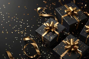 Elegant black gift boxes with luxurious golden ribbon bows and shimmering confetti scattered on a black background, festive digital illustration for birthdays or New Year's - obrazy, fototapety, plakaty