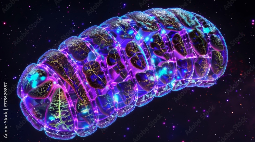 Poster a 3d rendered image of a mitochondrion showcasing its intricate structure and different compartments