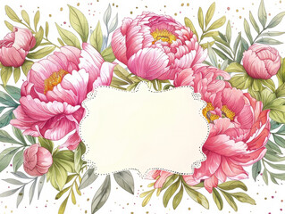 A bunch of romantic peonies arranged together on a white background. Copy space. Card.