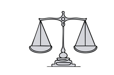 One continuous line drawing of law balance and scale of justice. Symbol and logo of equality and outline concept court in simple linear style. Libra icon. Doodle vector illustration