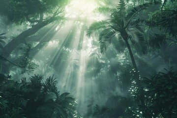 Enchanted dark rainforest with sunrays filtering through trees, atmospheric 3D illustration