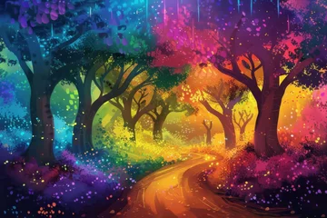 Cercles muraux Forêt des fées Enchanting fantasy fairytale forest with vibrant rainbow and magical trees, digital art illustration