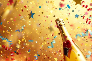 Festive celebration background, golden champagne bottle, confetti stars, party streamers, joyful occasion illustration - obrazy, fototapety, plakaty