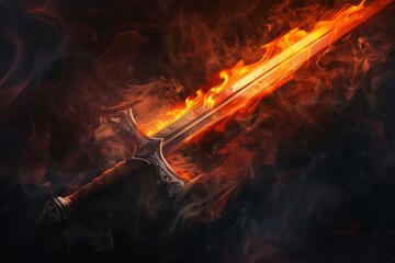 Flaming medieval long sword against dark smoky background, fantasy gothic illustration