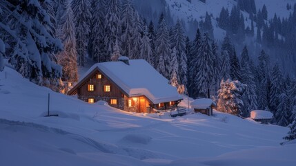 A cabin stands in the middle of a snow-covered mountain landscape