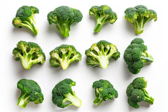 Fresh green broccoli florets arranged on white background, healthy food collection