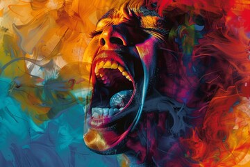 An expressive painting of an open mouth, vibrant colors, with the person screaming or singing with passion and energy The background is blurred to emphasize on subject, with dramatic lighting creating