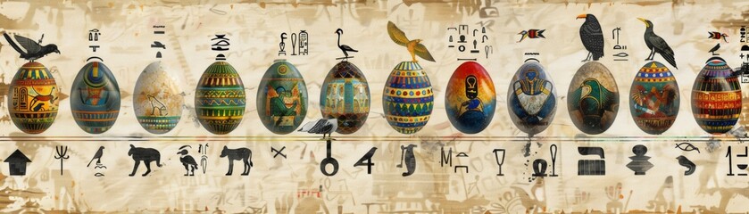 Ancient Egypt Easter eggs with hieroglyphics and pharaoh designs - obrazy, fototapety, plakaty