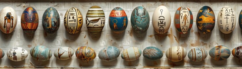 Ancient Egypt Easter eggs with hieroglyphics and pharaoh designs - obrazy, fototapety, plakaty