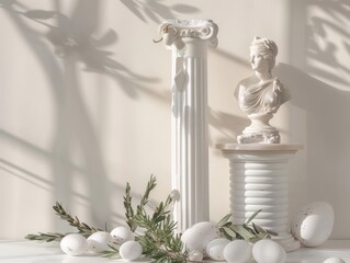 Ancient Greece Easter eggs with olive wreaths and marble statues