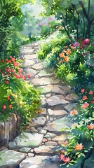 Beautiful watercolor painting of stone path in the middle, surrounded by colorful flowers and greenery, in style of detailed character design, charming illustrations, warm core, enchanting lighting