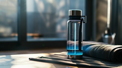 A sleek, high-tech water bottle with tracking features next to a microfiber towel, showcasing modern gym gear 