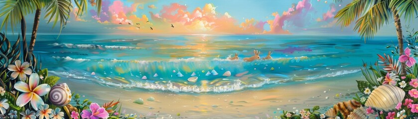 Fototapeta na wymiar Beach sunrise celebration with bunnies gathering seashell-painted eggs on the shore