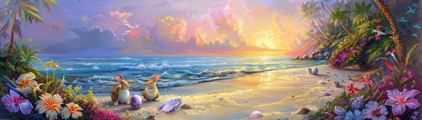 Beach sunrise celebration with bunnies gathering seashell-painted eggs on the shore