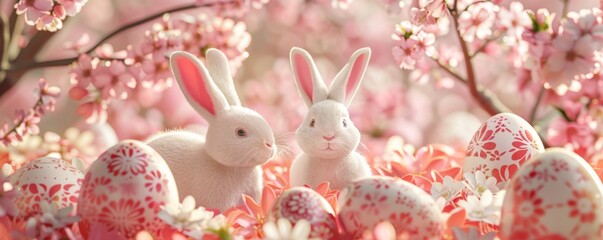 Cherry blossom festival 3D Easter card with bunnies celebrating under blooming sakura