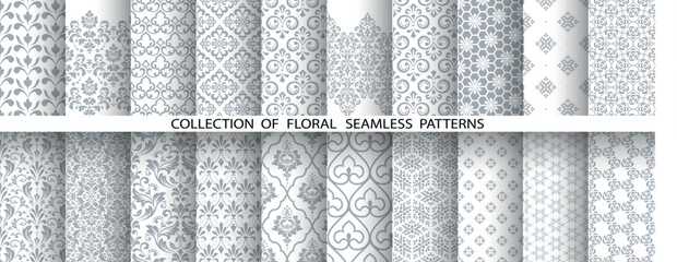 Geometric floral set of seamless patterns. White and gray vector backgrounds. Damask graphic ornaments - 775531663