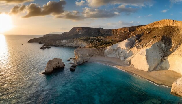 aerial drone ultra wide photo of famous volcanic rocky beach of tsigrado in island of milos cyclades greece