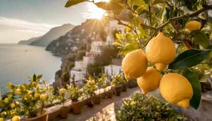lemons growing in a sunny garden on amalfi coast in italy - obrazy, fototapety, plakaty