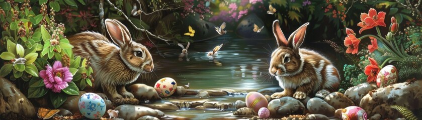Creek-side daydream 3D Easter card with bunnies beside a babbling brook - obrazy, fototapety, plakaty
