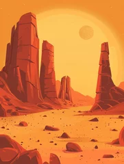 Poster Mars landscape with tall rocks, flat design illustration, simple shapes, flat colors, vector graphic, simple details, red orange color palette, planet in the sky, desert background, minimalistic ©  Green Creator