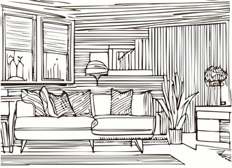 Modern design interior with armchair and wood slat walls in one continuous line drawing. Hygge scandinavian decor and soft furniture chair in simple linear style. Doodle vector .