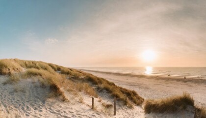 panoramic view of a dune beach at sunset north sea germany - obrazy, fototapety, plakaty