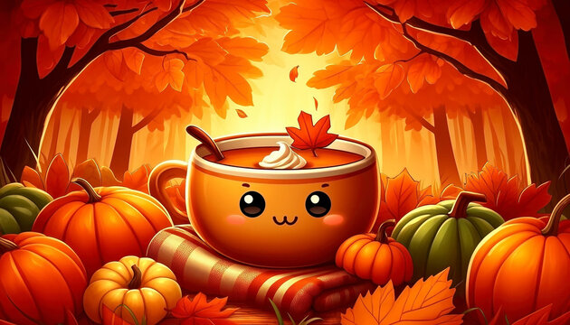 An image of a contented bowl of warm soup with a cute face, nestled among fallen autumn leaves and pumpkins - Generative AI