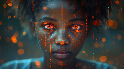 Close up of a young woman's face with advanced facial recognition interface graphics overlaying her features, symbolizing cutting edge biometric technology.