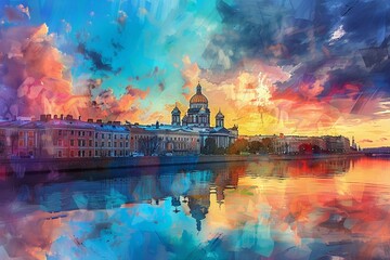 Petersburg, The Cathedral of the Dom Shawne in St Petersburg on Soused aerosol style, Beautiful colorful sky, watercolor, reflection in river with buildings and church in it, art print, oil paint