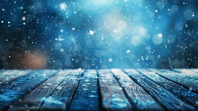 Wintertime scene with snowy blurry defocused blue background and vacant wooden floors. seamless and looping animation