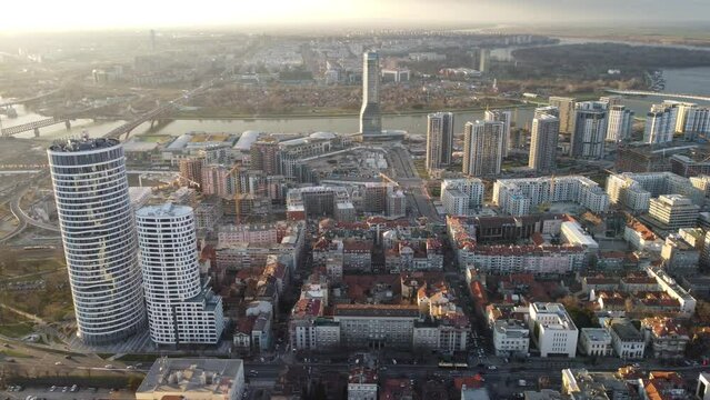 Drone view of the skyscrapers at the sunset Belgrade waterfront and skyline towers. Serbia, Europe.