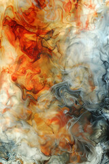 Wisps of curling paint in red, orange, grey, black and white, swirl and mix together in an abstract background.
