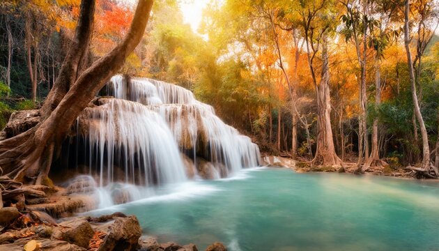 amazing of huay mae kamin waterfall in colorful autumn forest at kanchanaburi thailand