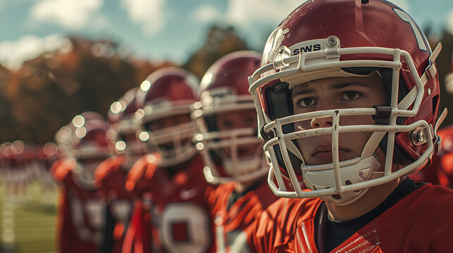 Cluster of youthful American football athletes standing in unison on a field