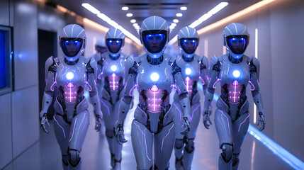 Five humanoids with female physiques and illuminated lights marching on a hallway - Powered by Adobe