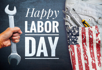 Labor day holiday poster background idea, Happy labor day banner with hand holding wrench and jean...