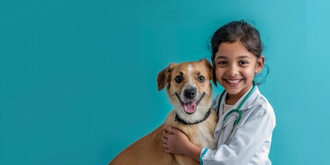 Cute Indian girl kid playing veterinarian with dog isolated on blue background with copy space. - obrazy, fototapety, plakaty