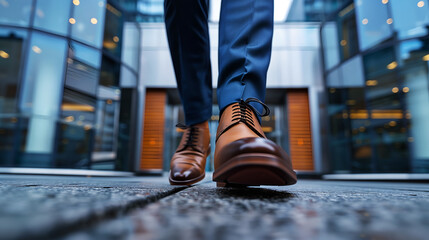 A closeup of the feet and leather shoes worn in the style of an elegant man in dark blue trousers, walking on a modern street 