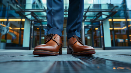 A closeup of the feet and leather shoes worn in the style of an elegant man in dark blue trousers, walking on a modern street 