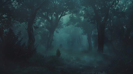 A misty forest engulfed in the darkness of the night concealing secrets within its labyrinth of trees. . .