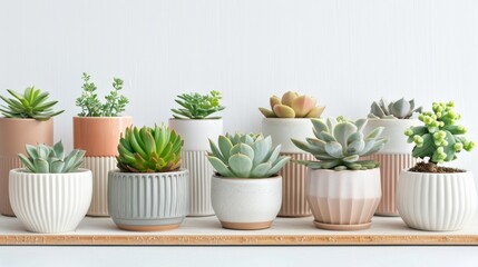 Various succulent plants in stylish pots arranged neatly on a shelf in a modern home setting