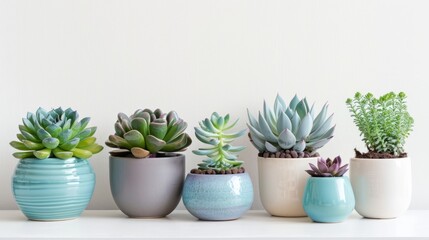 A row of stylish potted succulent plants decorates a table in a modern home setting. Copy space.