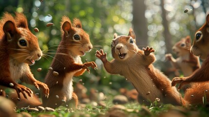 Capture a scene with multiple red squirrels interacting with each other in silly ways, like playing tag or wrestling for acorns - obrazy, fototapety, plakaty