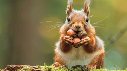 A red squirrel with its cheeks bulging ridiculously full of acorns, struggling to close its mouth - obrazy, fototapety, plakaty
