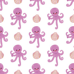 Cute hand-drawn colored octopus, seamless pattern in flat style, ocean aquatic underwater kawaii vector. Vector cartoon illustration on white background. - obrazy, fototapety, plakaty