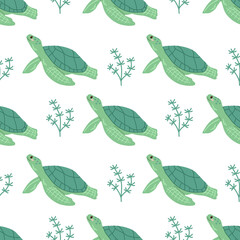Cute hand-drawn colored marine green turtle, seamless pattern in flat style, ocean aquatic underwater kawaii vector. Vector cartoon illustration on white background. - obrazy, fototapety, plakaty