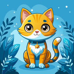 Cute cat sitting in a flower garden, vector style