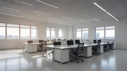 empty open space office. Abstract light bokeh at office interior background for design.