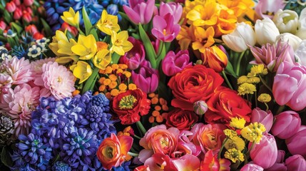 Arrange a vibrant mix of colorful flowers to create a cheerful and eye-catching display 
